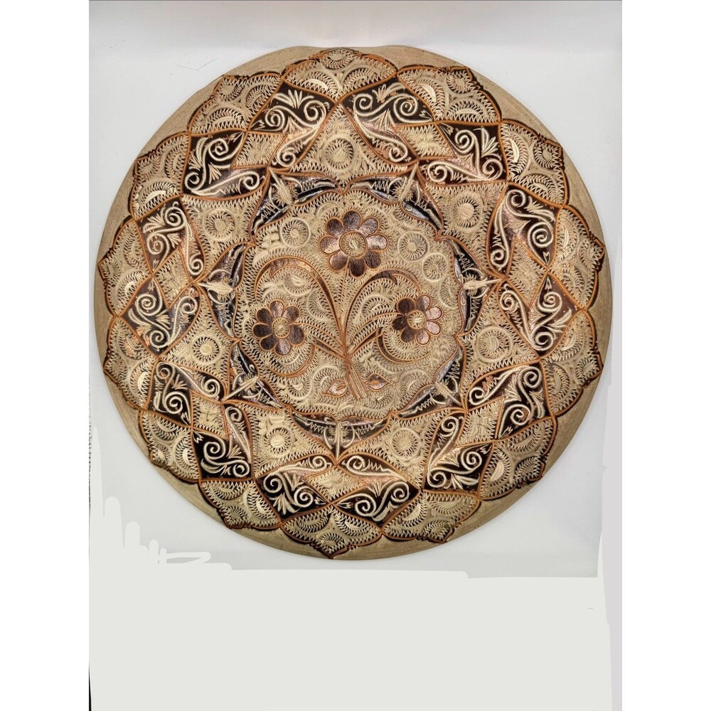 Vintage Turkish Hand Painted Etched Copper Engraved Plate Wall Hanging 10.75”